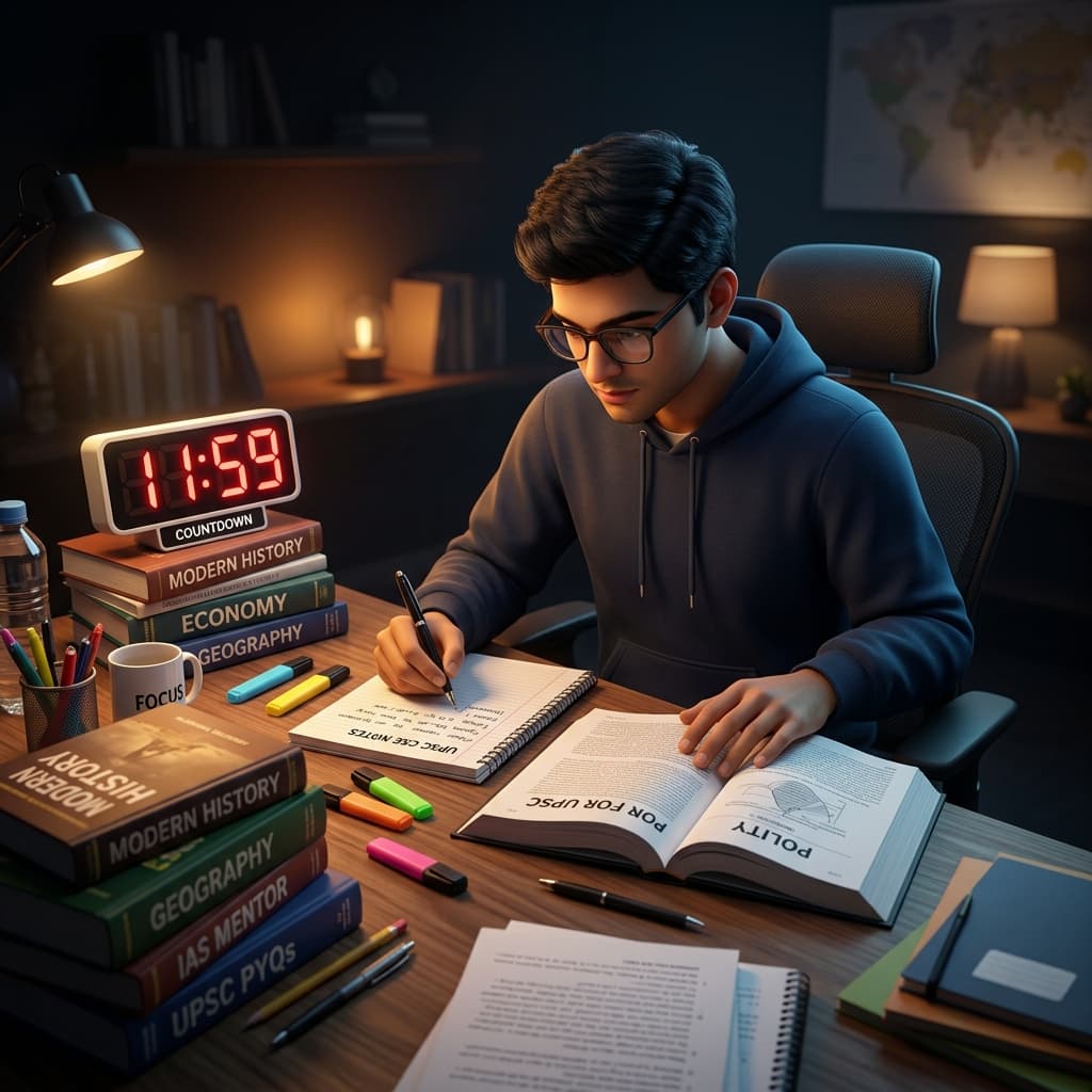3D illustration of a student preparing for UPSC exams with a stopwatch showing 11:59